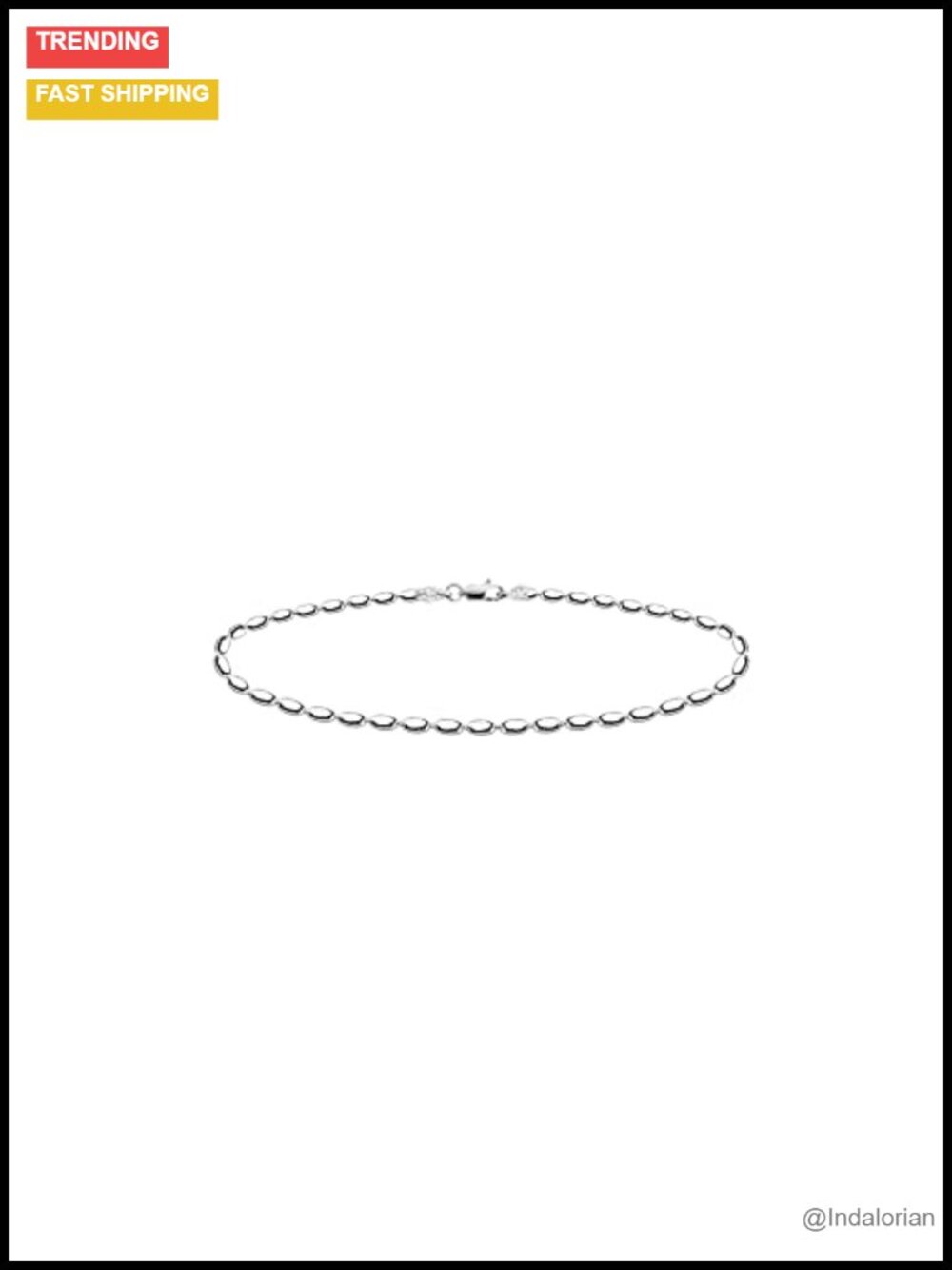 925 Sterling Silver Oval Bead Anklet - Made in Italy, Lobster Clasp,
